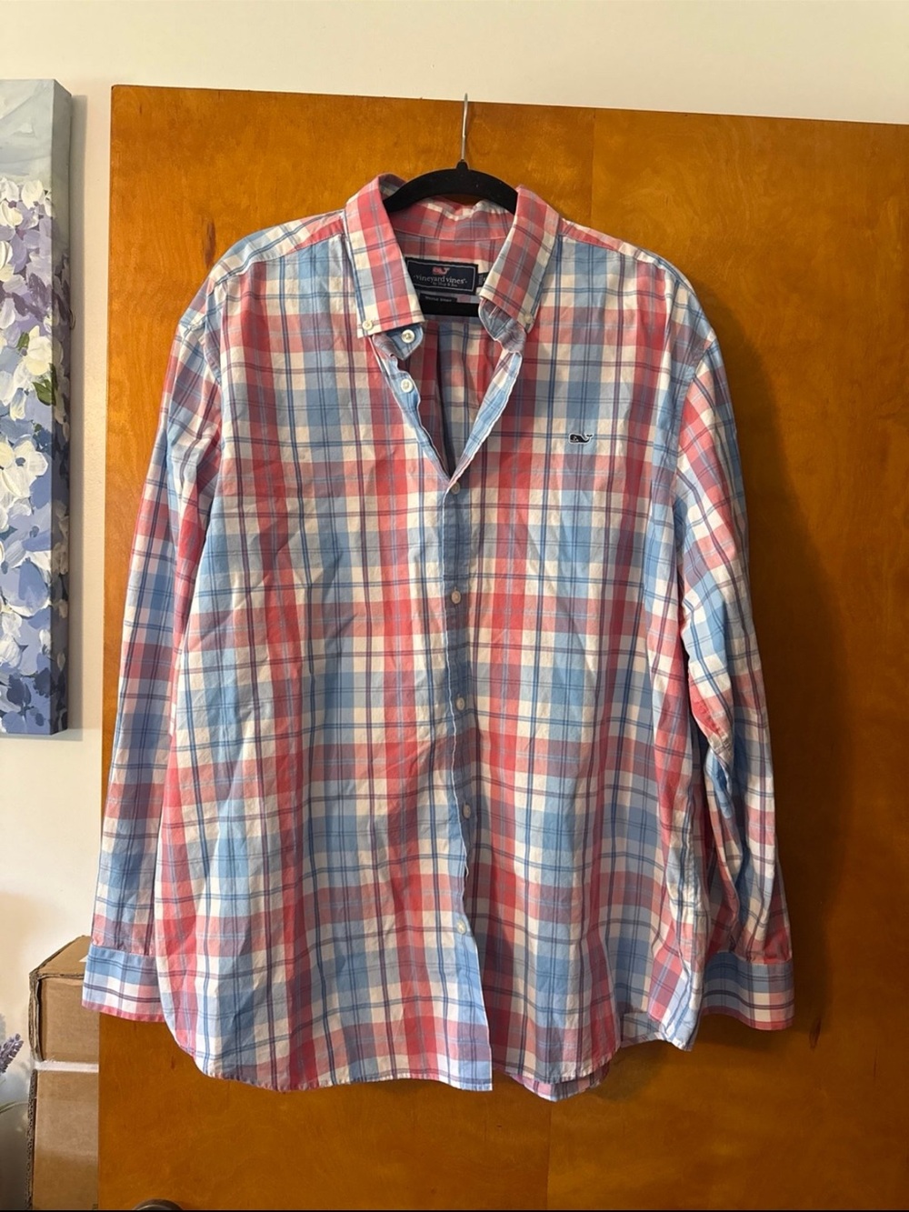 Vineyard Vines Men's Pink and Light Blue Plaid Button-Down Shirt